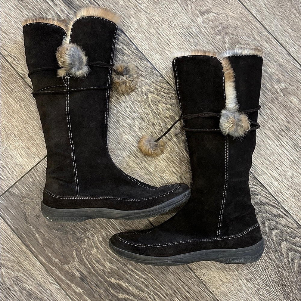 A Giannetti Italy Leather Suede Fur Brown Boots Pom Pom Penny Lane Style Size 8